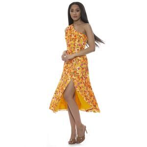 Alexia Admor New Fay Floral One Shoulder Midi Fit and Flare Dress Yellow Size 2